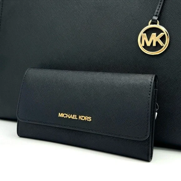 Michael Kors Large MF Pocket Shoulder Tote Bag & Trifold Wallet Black/Gold